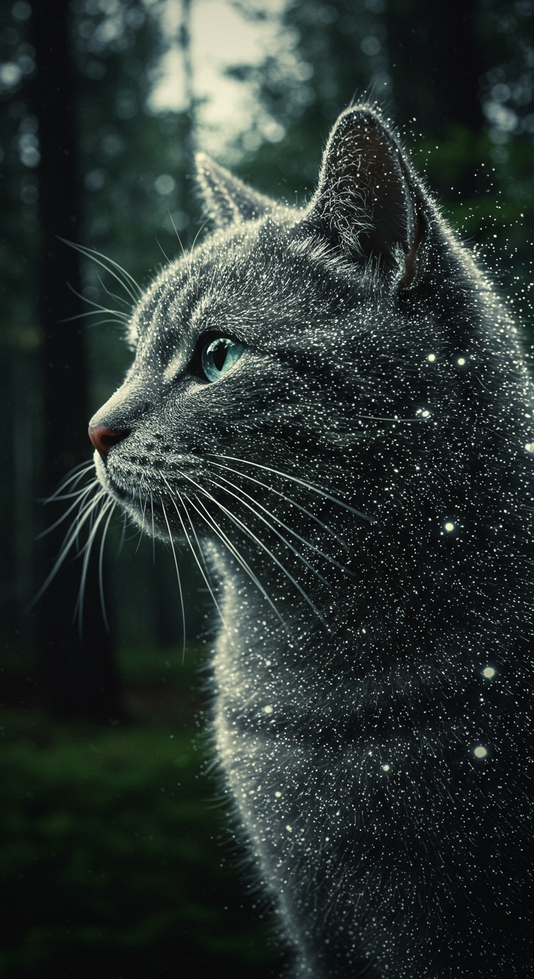 A cat's profile made of ghost particles, tiny particles, C4D, OC rendering, transparent texture, blurred edges, double images, gamma ray capture, forest background, real scene shooting