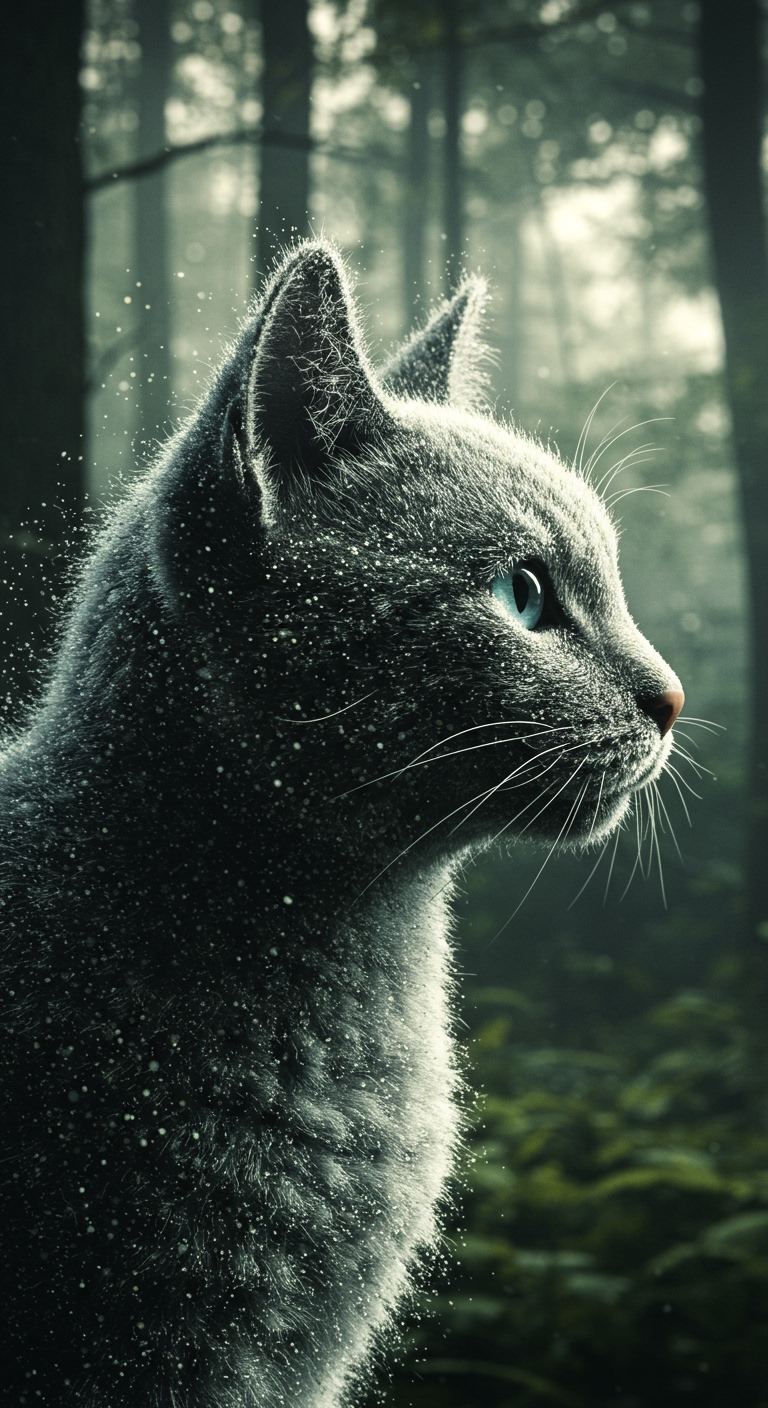 A cat\u0027s profile made of ghost particles, tiny particles, C4D, OC rendering, transparent texture, blurred edges, double images, gamma ray capture, forest background, real scene shooting