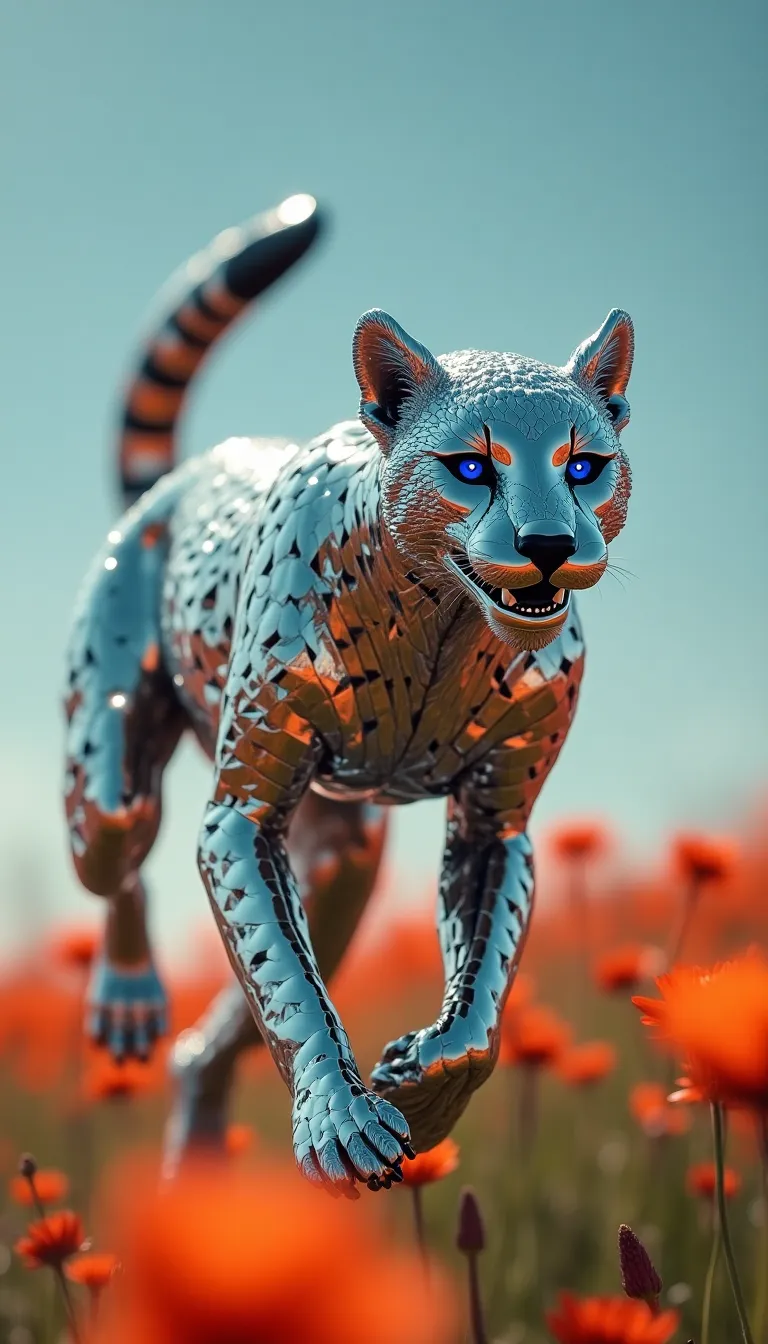 A chrome cheetah races across a a field of flowers, its body forged from razor-sharp mirrored shards. Each muscle is sculpted from overlapping chrome blades that shimmer and fracture light with every movement. Its eyes glow with electric blue focus, and its tail slices through the air like a blade. As it dashes forward, the reflection of the world distorts violently across its body, creating a visual blur of motion and menace. The cheetah seems almost intangible--like a silver specter made of speed, precision, and edge.