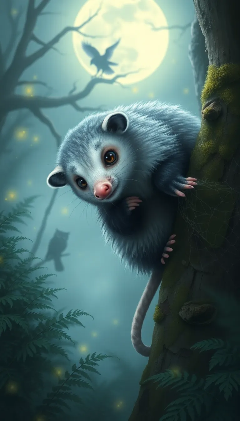 A curious opossum with coarse, silver-gray fur and a prehensile tail wrapped around a mossy branch, its pink nose twitching as it sniffs the air. Large, dark eyes gleam with intelligence, and tiny claws grip the bark. The scene is set in a misty, moonlit forest\u2014bioluminescent fungi glow softly on ancient oaks, and fireflies drift like scattered stars. Rendered in a semi-realistic digital painting style with a muted, cool-toned palette (blues, greens, and silvers), evoking a serene, mystical mood. The camera angle is slightly low, looking up at the opossum to emphasize its small but resilient presence. Composition is balanced with ferns and dew-covered spiderwebs framing the edges. A distant owl\u2019s silhouette adds depth.