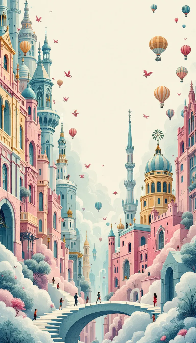 A graphic illustration full of fantasy and surrealism, with fine brushwork techniques and line strokes, the picture combines a variety of architectural elements and mythical creatures. The buildings have complex geometric shapes and decorative details, and the colors are mainly soft blue-green, pink and yellow, creating a dreamlike atmosphere. There are flying horses, floating buildings and hot air balloons, as well as some small figures moving around in the scene. The top is left blank, and the overall style is delicate and imaginative. It is suitable for promotional materials of high-end brands or art exhibitions