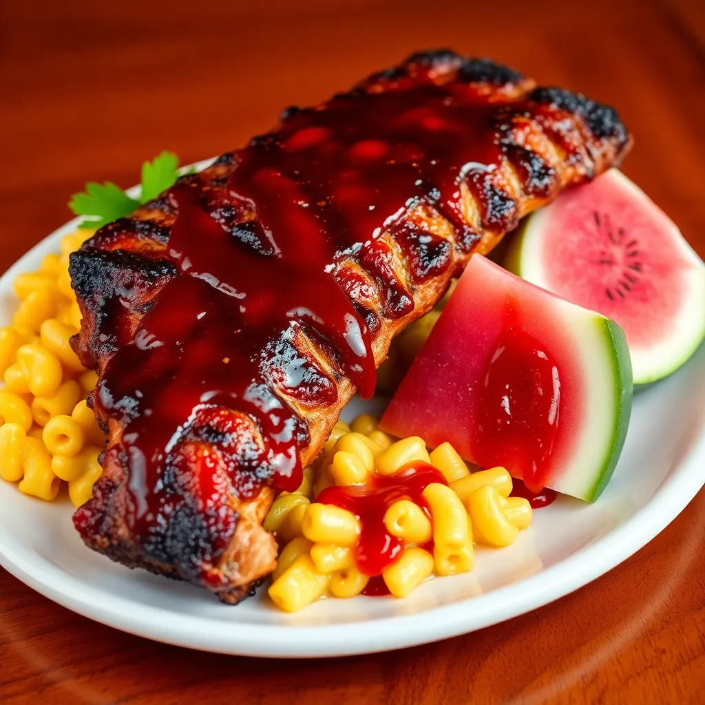 a rack of spare ribs dripping with bar b q sauce, with a side of macaroni and cheese and a slice of water melon