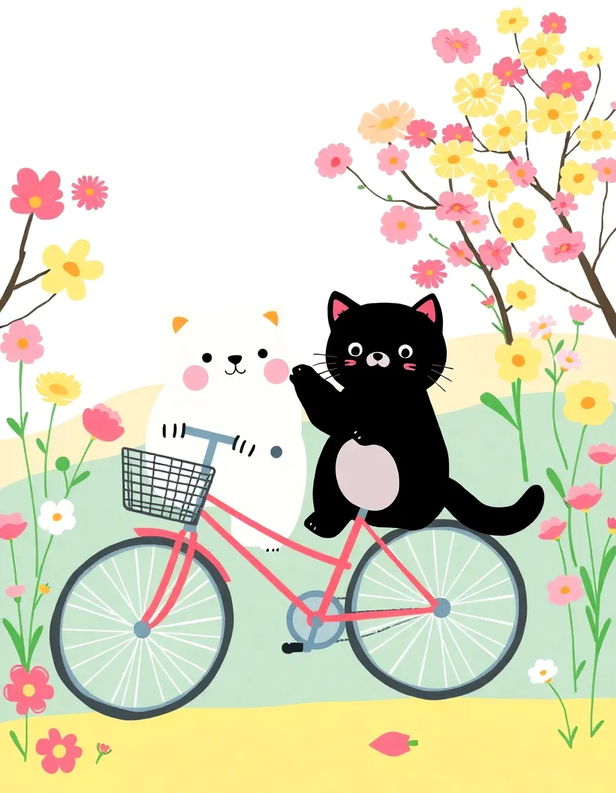 Artist yeoniu choi style, in the two-dimensional world, simple drawing style, cover design cute black kitten and white fat bear in the colorful garden, bicycle spring outing, bright colors, creating a healing atmosphere, the picture is simple and clean