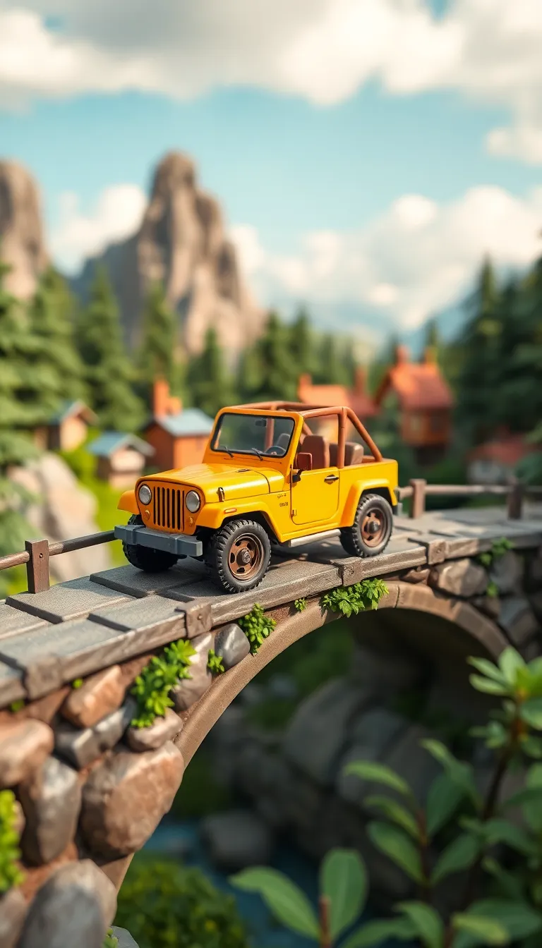 Cartoon open top jeep over the bridge at the edge of a Forrest vilage, all of them are made of colorful clay. Claymation cartoon style