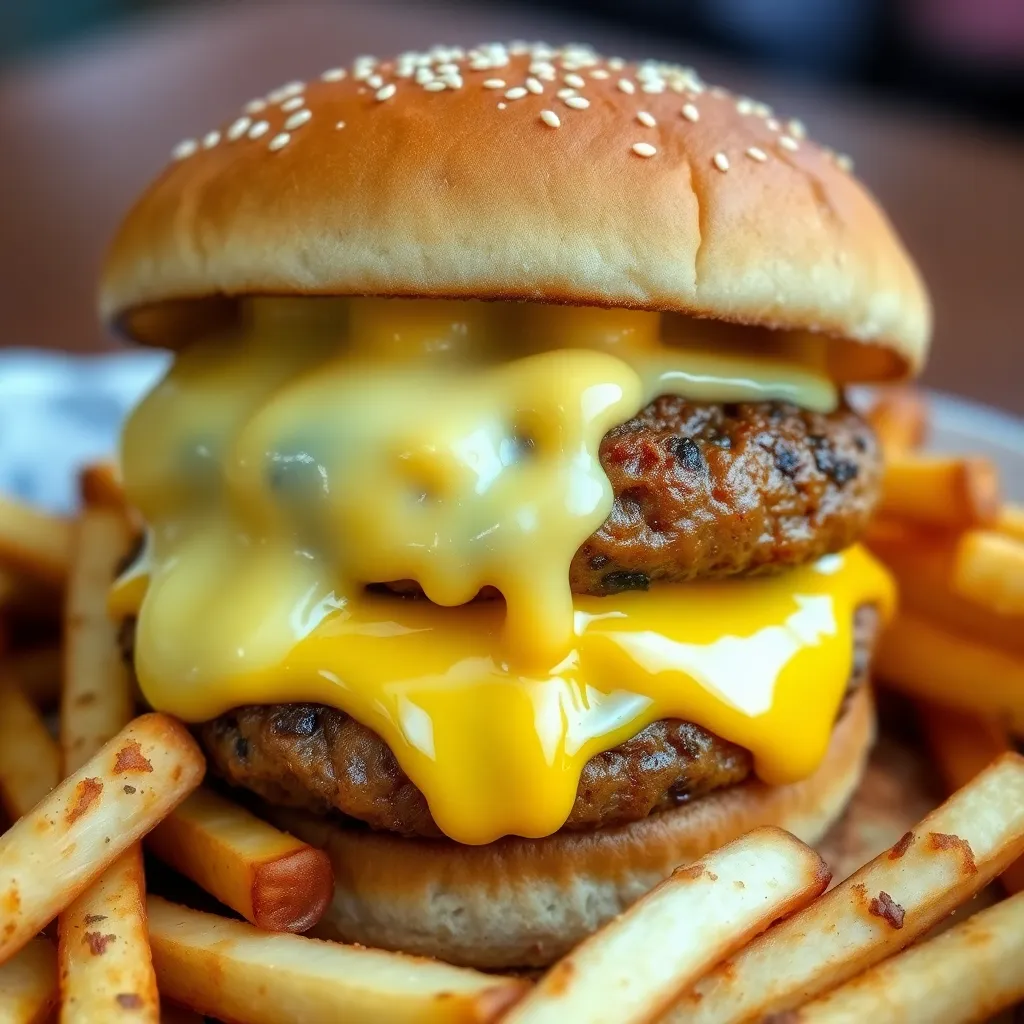 Double cheese burgher dripping with melted cheese on a sesame seed bun, surrounded by french fries.