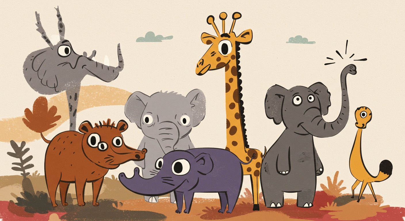 Group of cartoon animals, minimalist animal illustration inspired by storybook art, fantasy, adventure time and surrealism, Picasso style