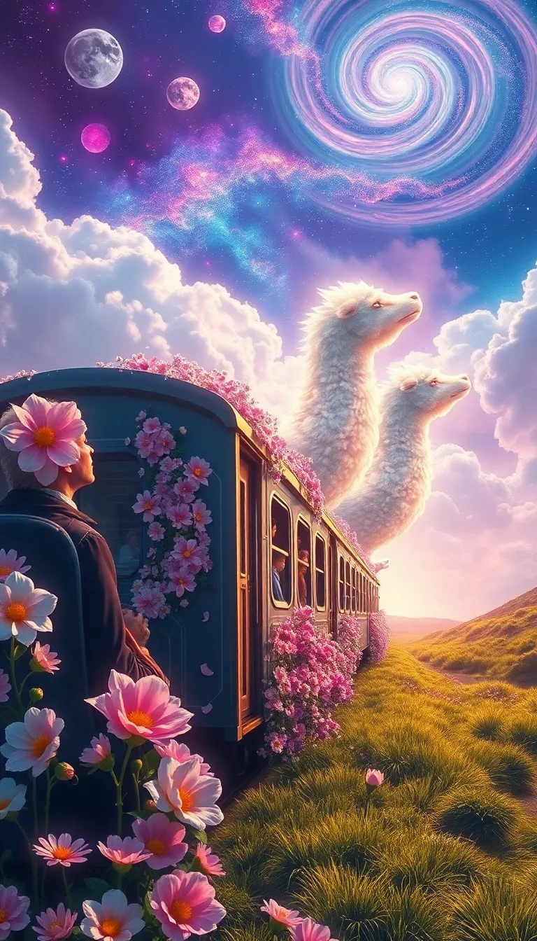 Hyperrealistic train detailed with blooming flowers, ethereal cloud animals with shimmering outlines, passengers gazing in awe, vast sky with swirling galaxies, cosmic colors (purples, blues, pinks), dramatic lighting, mystical atmosphere