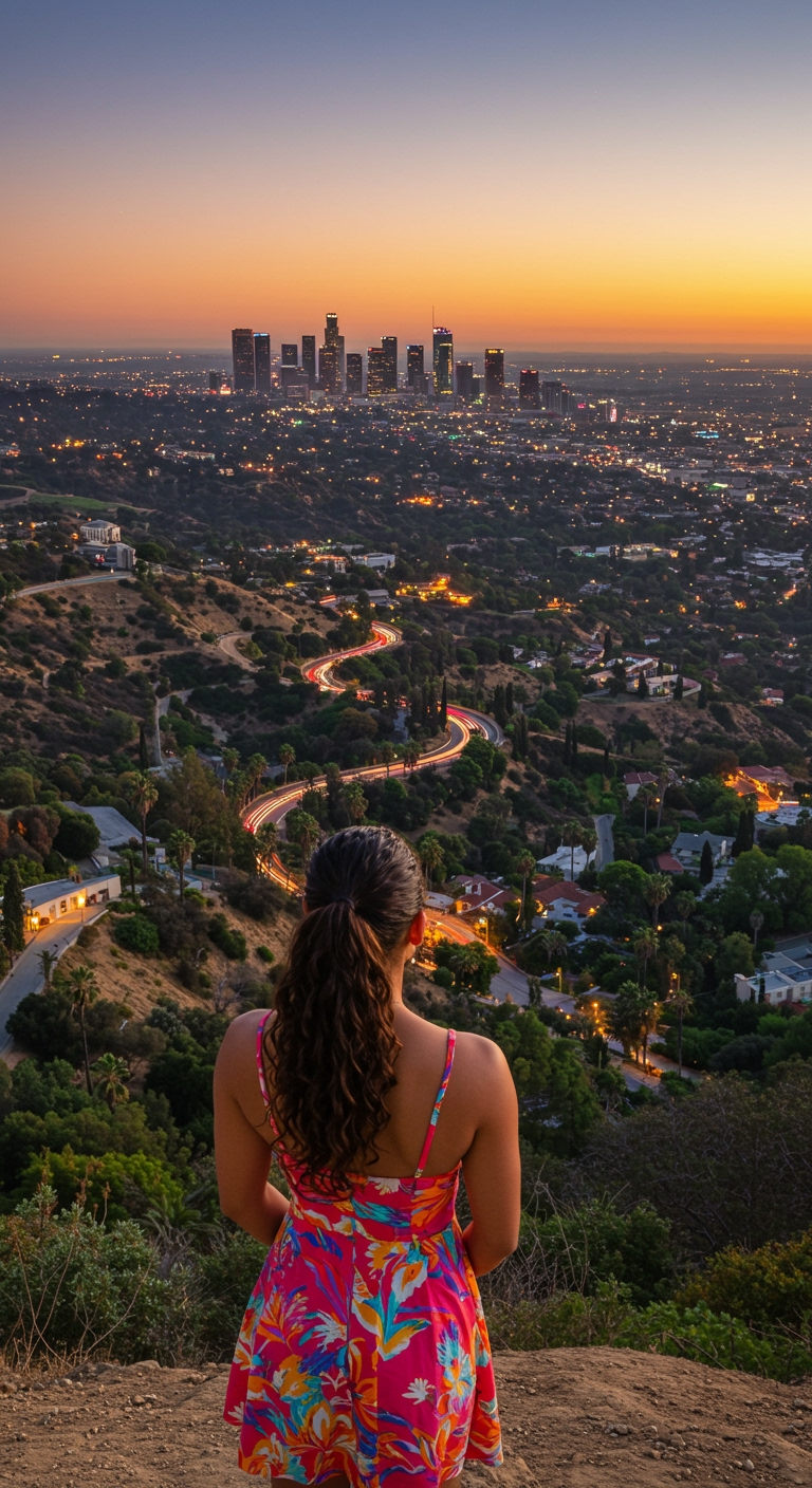 Los Angeles, California beautiful landscape, evening, woman, very intricate, very detailed, sharp, bright, colorful,