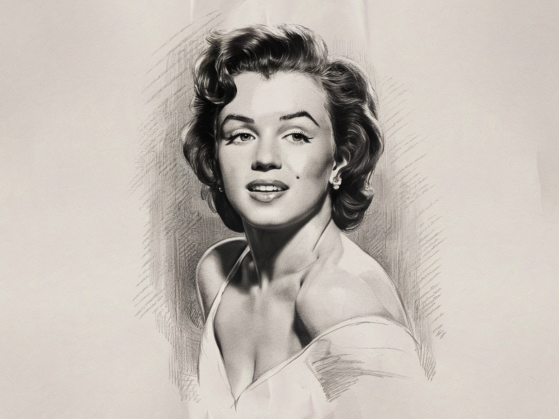 Marilyn Monroe sketch poster, young woman, pencil sketch, combination of off-white and gray. Her black hair is slightly tied up, and her silhouette is like a dream. The pencil gently outlines her face, which is gentle and moving, and her charm emerges quietly. Her eyes are bright and shining; the corners of her lips are slightly raised. The charm is hidden in the paper, making people intoxicated by this beautiful scene