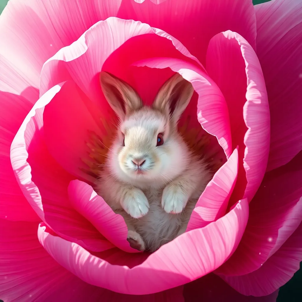 A fluffy bunny nestled inside the heart of a giant pink peony flower, peeking out playfully. The petals gently wrap around it like a cradle, with sparkles of dew and soft sunrays illuminating the scene.