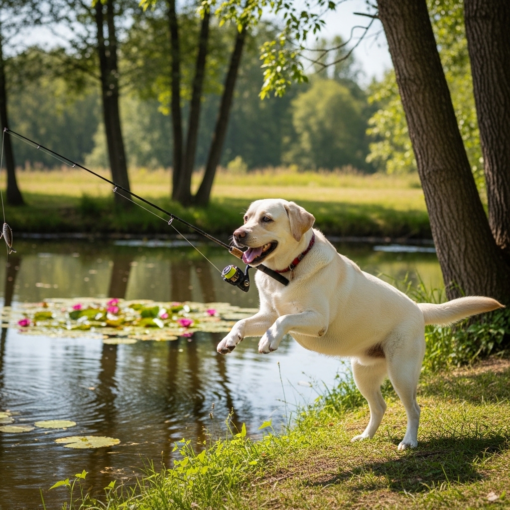 A fluffy labubu fishing with a fishing rod, outdoors, by a pond,