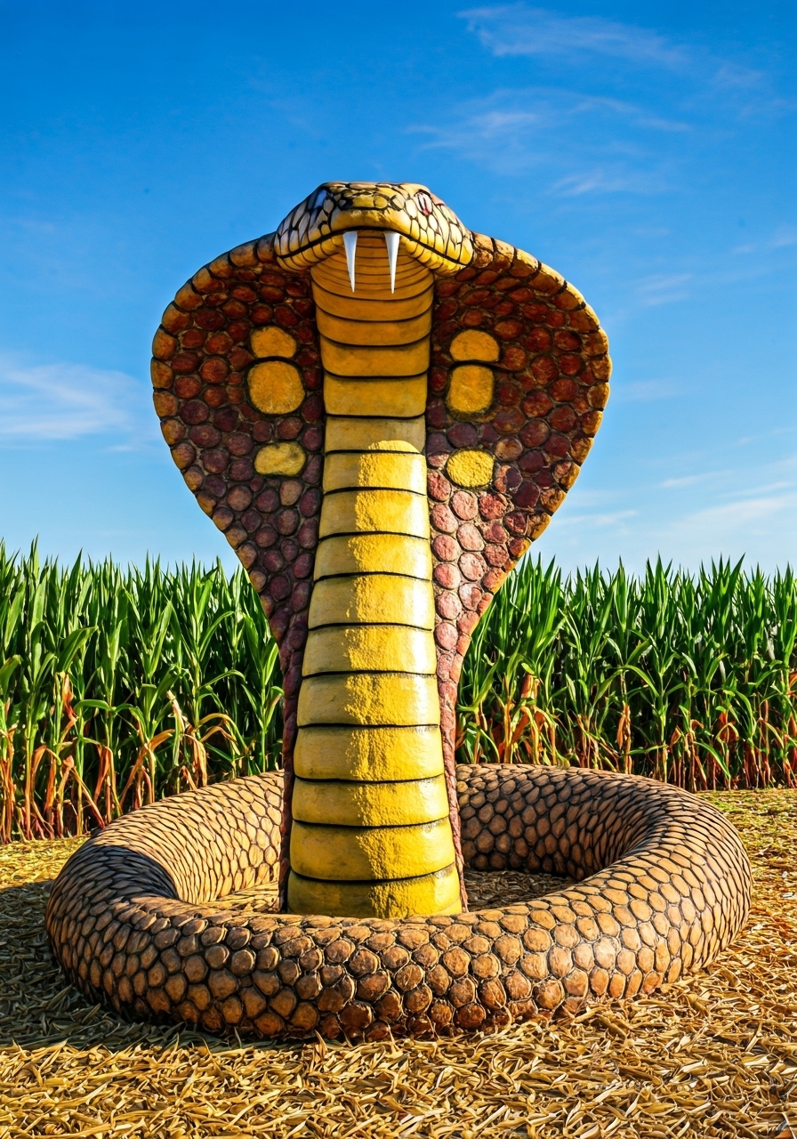 A giant cobra snake on a farm. The snake is made out of corn.