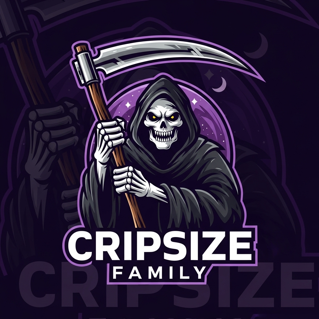 Create a logo featuring a Grim Reaper holding a scythe in a dark, gothic style. The Reaper should be depicted in a cloak with a hood, with white bony hands and teeth, and its face should have a scary yet stylized expression. The scythe is held against a starry sky backdrop, with additional elements of a night scene such as the moon. The color palette should include shades of purple and black with bright accents. The text \u0027CRIPSIZE FAMILY\u0027 should be positioned at the bottom of the logo, using a modern bold font in contrasting white. The logo should have clean lines and a contemporary, slightly ominous look.