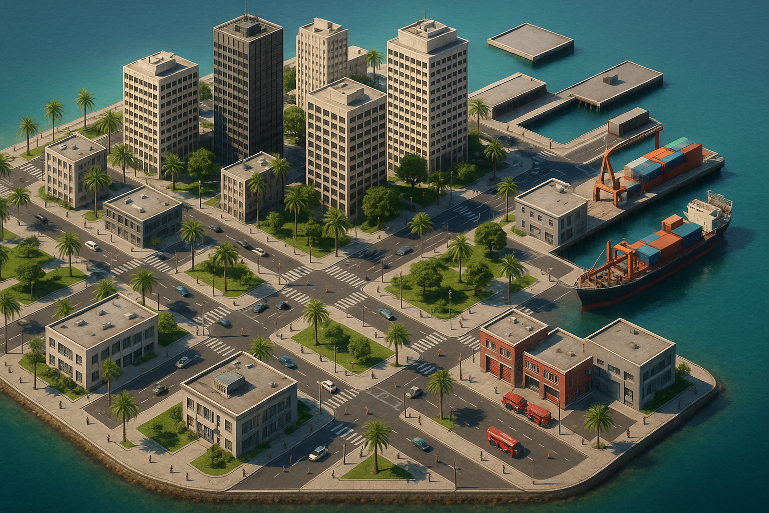 Generate a super realistic 3D view of a city on an island for my city simulation game. It should show a downtown view of a city criss-crossed with a regular street grid, with cars and people going about their day. create realistic office buildings, police station, fire station, port. Make it look like a middle of a sunny day. Make sure the geometry of street and buildings is correct and rendered in isometric projection. Make sure the textures and lighting of the buildings is realistic. Add palm trees and some parks.