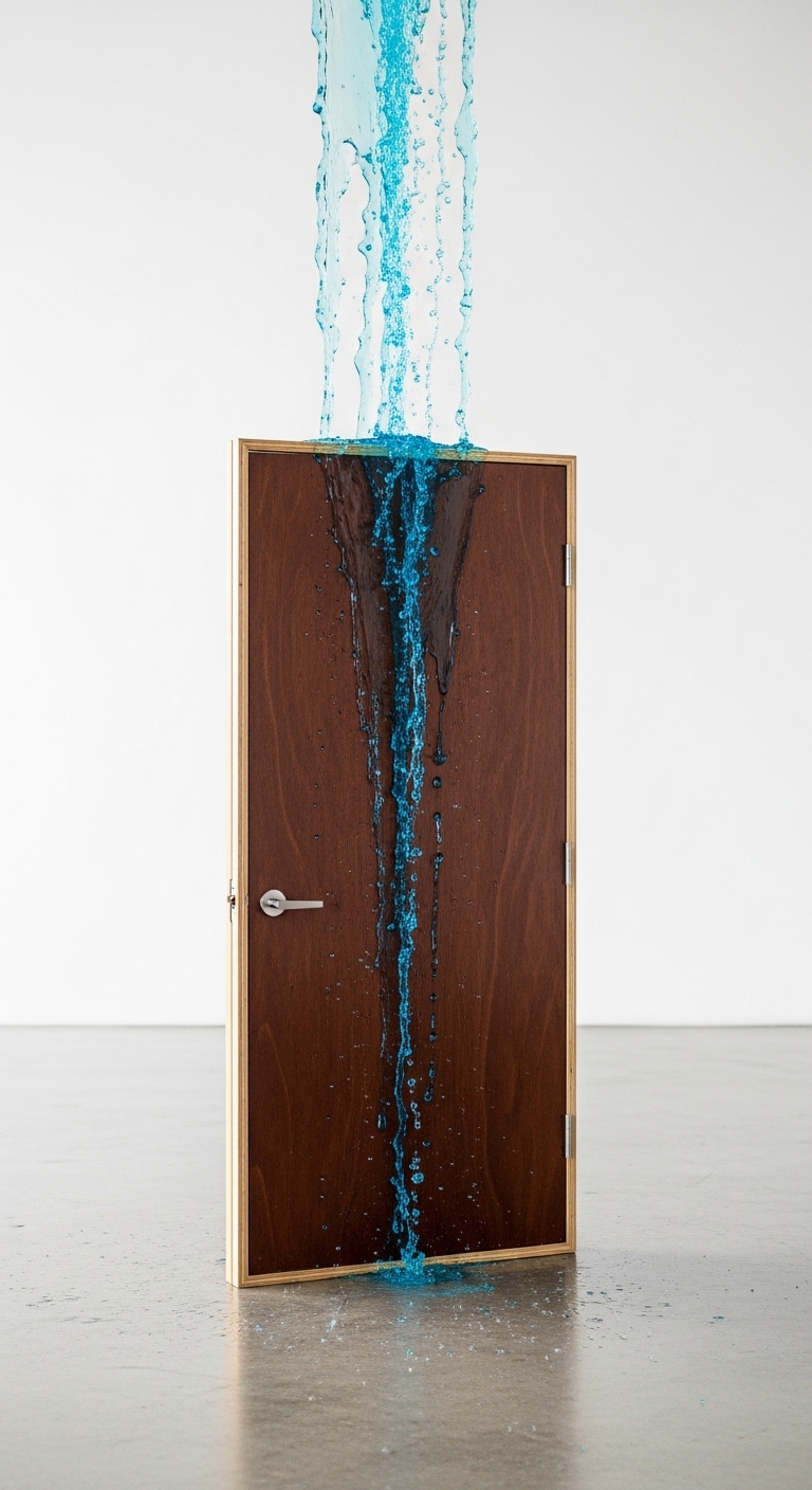 "High-quality waterproof plywood door, coming up vertically through the floor, as glossy liquid resin and water cascade from above, minimal background, front view"