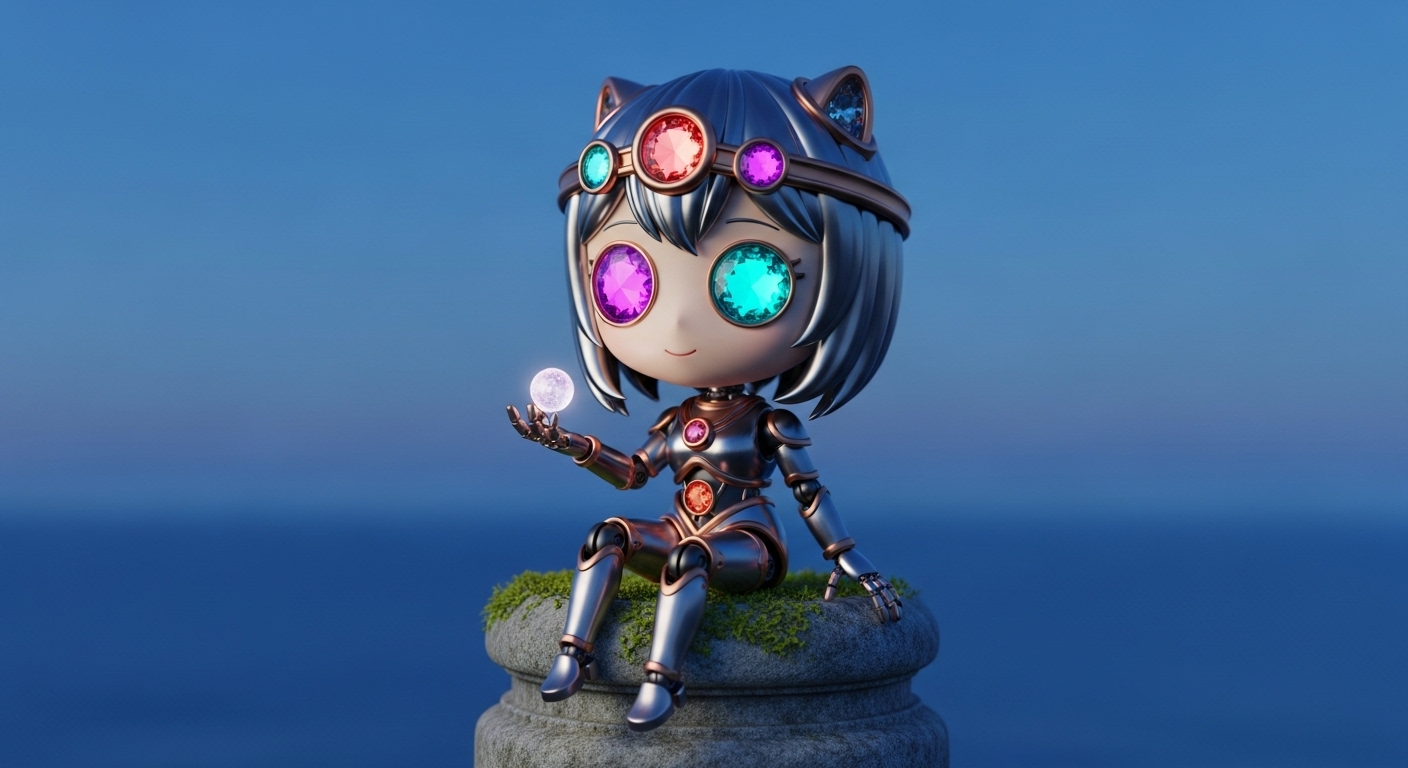 olbks  A chibi-style robotic sorceress perched atop a mossy stone pedestal at blue hour, her petite frame made of polished bronze and crystal lenses; soft moonlight creates gentle reflections across her orb and tiny articulated fingers. Style reminiscent of a high-end anime key visual\u00e2\u0080\u0094kawaii, magical, with refined lighting contrasts.