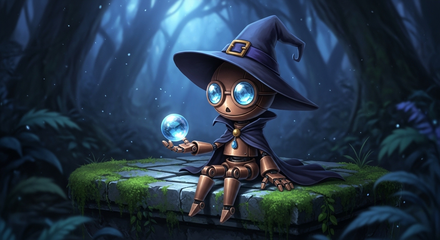 The cute style robot witch sits on the mossy stone platform. In the blue hour, her small bronze body and crystal lenses are softly reflected in the moonlight; her magic ball and delicate fingers are rich in details. High-quality anime style, cute magic feeling, delicate light and shadow contrast, complex forest background.