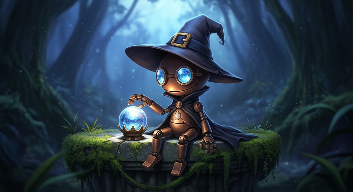 The cute style robot witch sits on the mossy stone platform. In the blue hour, her small bronze body and crystal lenses are softly reflected in the moonlight; her magic ball and delicate fingers are rich in details. High-quality anime style, cute magic feeling, delicate light and shadow contrast, complex forest background.