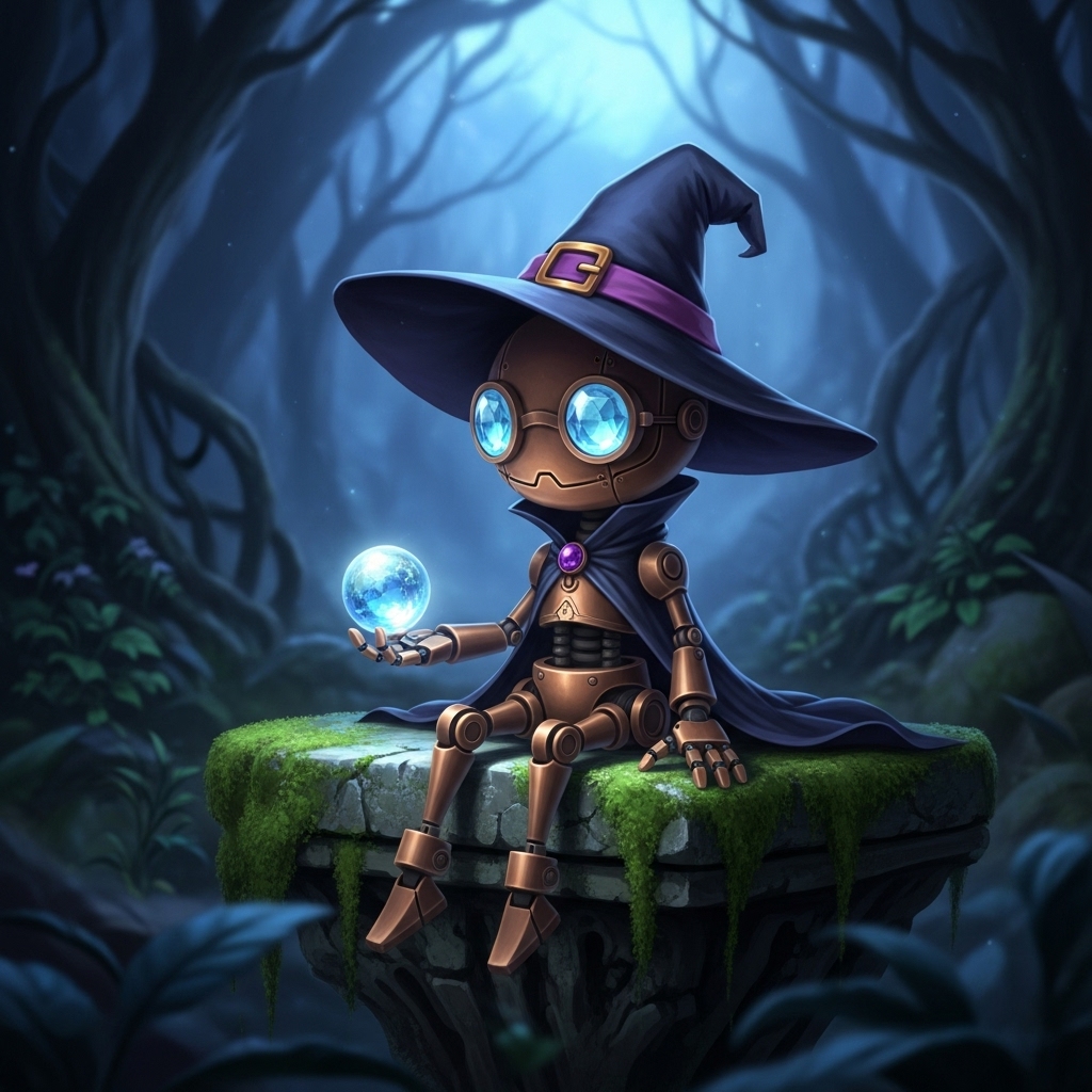 The cute style robot witch sits on the mossy stone platform. In the blue hour, her small bronze body and crystal lenses are softly reflected in the moonlight; her magic ball and delicate fingers are rich in details. High-quality anime style, cute magic feeling, delicate light and shadow contrast, complex forest background.