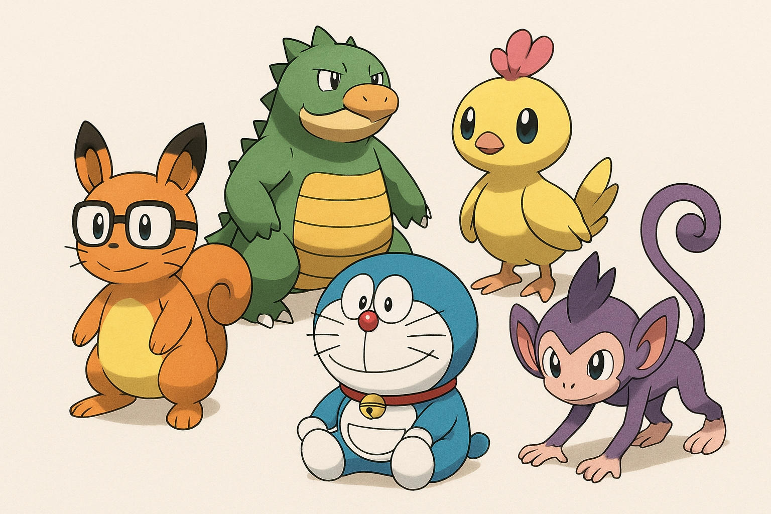 The team in the anime Doraemon is depicted as pokemons.