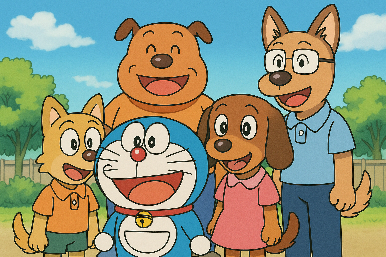 The team in the anime Doraemon is depicted as dogs.