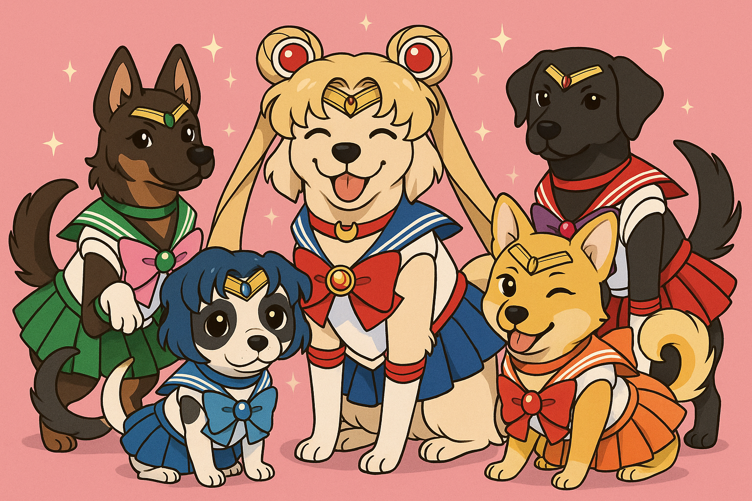 The team in the anime Sailor moon is depicted as dogs.