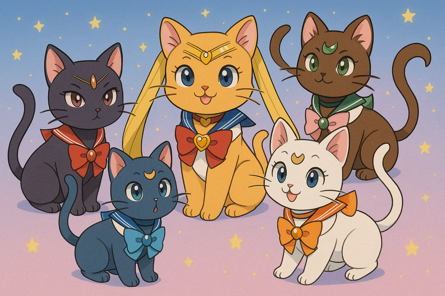 The team in the anime Sailor moon is depicted as cats.
