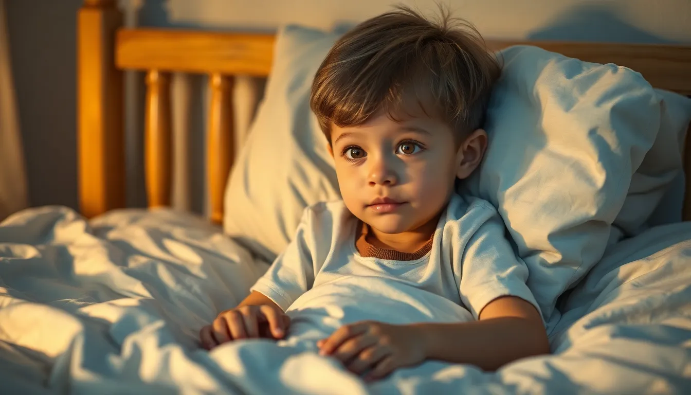 a kid just woke up in the morning still on the bed