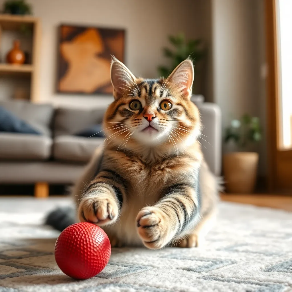 create a picture of a happy cat playing with a red ball in a cozy living room