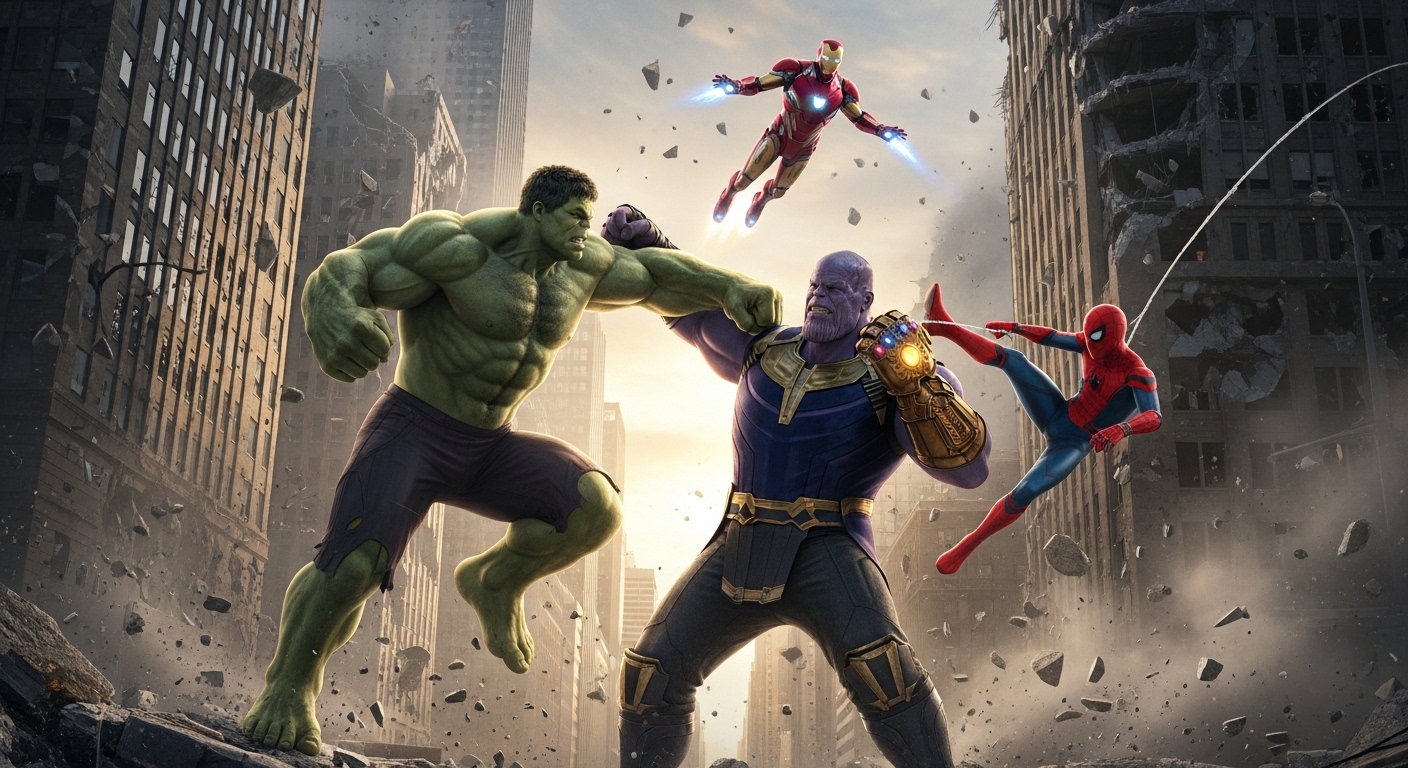 Hulk,iron man and spider man fighting thanos