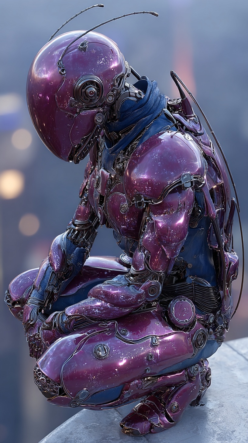 Real-life lobster-themed armored warrior, dark crimson lobster exosuit, glossy shell-like biomechanical armor, black and wine-red segmented plating, claw-inspired armor details, antenna-like headpiece, luxurious futuristic mech fashion, realistic wearable costume, photographed model, live-action cosplay editorial, realistic skin texture, practical armor, premium sci-fi aesthetic, non-CGI, non-3D render, ultra detailed, HD, crouching on the edge of a skyscraper, predatory poised pose, one knee bent, one hand touching the ground, overlooking a futuristic city at night, distant neon skyline, wind blowing through cables and fabric details, cinematic rooftop atmosphere, dramatic backlight, full-body shot, wide-angle perspective, shallow depth of field --chaos 15 --ar 9:16 --seed 3732104199 --sref 7598370871 6791849761 8177375988 --stylize 450